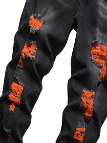 MICKASON Men's Orange Ripped Stretch Skinny Black Bottom Fabric Peplum Jeans Men - Stretchy, Comfortable And Stylish - Perfect For Everyday Casual Wear - 黑色 - 查看 3