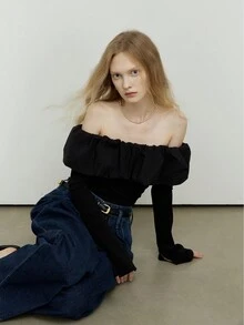 Top de manga larga con volantes, ajustado, con hombros descubiertos, de rayas onduladas, nueva colección de otoño invierno para mujeres, marca ROEYWANG - Negro - Ver 4