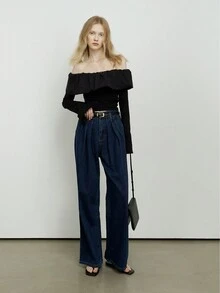 Top de manga larga con volantes, ajustado, con hombros descubiertos, de rayas onduladas, nueva colección de otoño invierno para mujeres, marca ROEYWANG - Negro - Ver 6