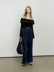 Top de manga larga con volantes, ajustado, con hombros descubiertos, de rayas onduladas, nueva colección de otoño invierno para mujeres, marca ROEYWANG - Negro - Ver 7