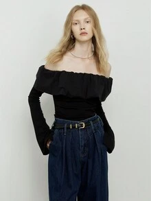 Top de manga larga con volantes, ajustado, con hombros descubiertos, de rayas onduladas, nueva colección de otoño invierno para mujeres, marca ROEYWANG - Negro - Ver 5