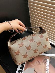 新款卡其色字母印花大容量软 PU 化妆包，拉链开合，多功能 3D 便携式高端手提包收纳袋，适用于化妆品、洗漱用品、水瓶、手机、日常必需品 - 棕色 - 查看 1