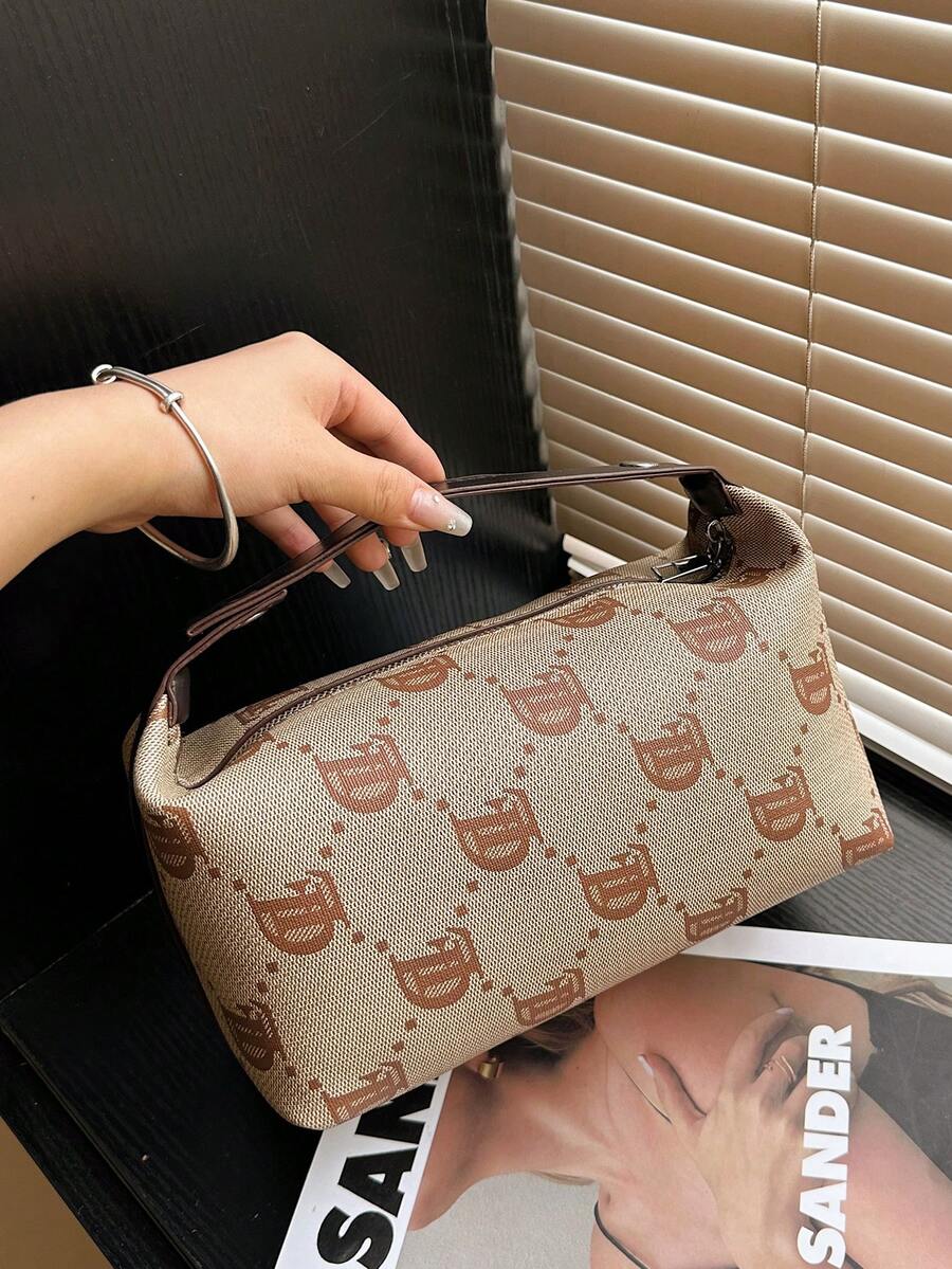新款卡其色字母印花大容量软 PU 化妆包，拉链开合，多功能 3D 便携式高端手提包收纳袋，适用于化妆品、洗漱用品、水瓶、手机、日常必需品 - 棕色 - 查看 1