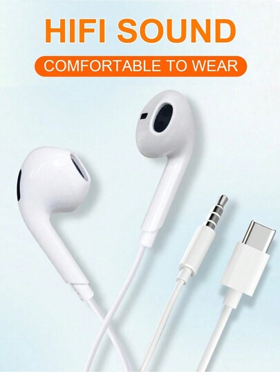 Przewodowe słuchawki douszne ze złączem typu C, dźwiękiem stereo, mikrofonem i regulacją głośności, 3,5 mm