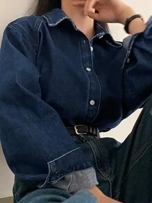 Jaket Denim Lengan Panjang Wanita Warna Polos, Sederhana, Kasual, Serbaguna untuk Sehari-hari - Biru - View 2