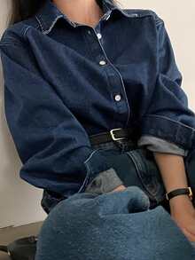 Jaket Denim Lengan Panjang Wanita Warna Polos, Sederhana, Kasual, Serbaguna untuk Sehari-hari - Biru - View 3