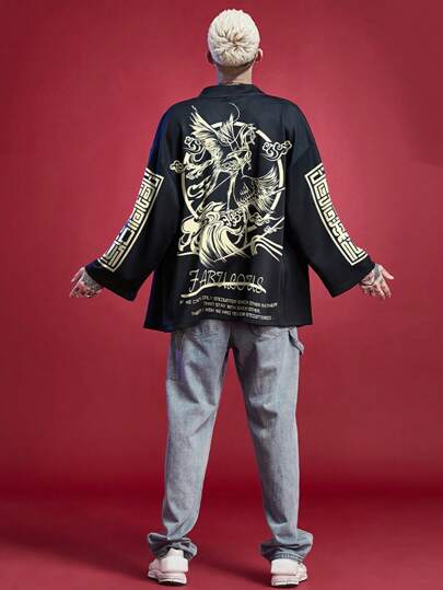 加大码中国风鹤印花宽松休闲街头潮流男士开衫