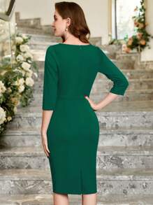 MIUSOL Ruched Zipper Back Slit Hem Bodycon Business Dress - Dark Green - View 3
