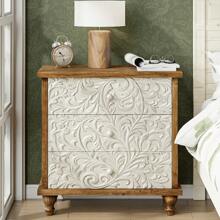 Farmhouse 3 Drawer Dresser With Embossed Flower Leaf Motif Front, Distressed Boho Nightstand, Almost Fully Assembled, Rustic, French Country, Weathered White, Natural & White, Black - Tủ quần áo 3 ngăn kéo White Leaf Front - Xem 1