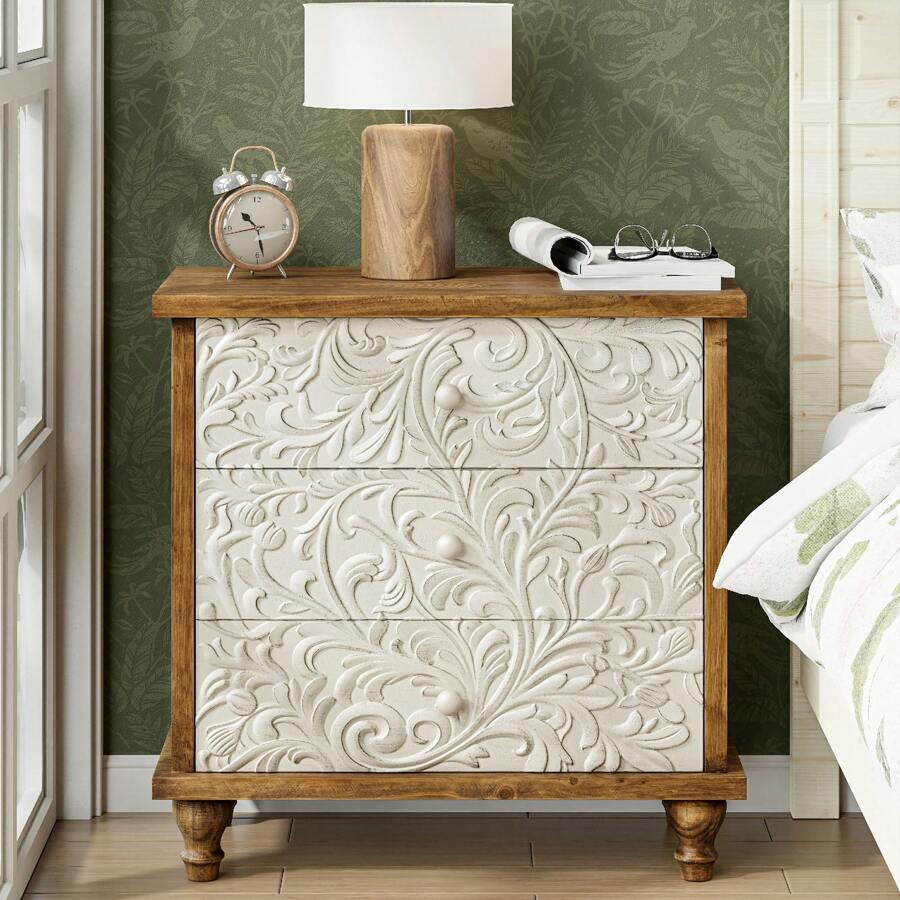 Farmhouse 3 Drawer Dresser With Embossed Flower Leaf Motif Front, Distressed Boho Nightstand, Almost Fully Assembled, Rustic, French Country, Weathered White, Natural & White, Black - Tủ quần áo 3 ngăn kéo White Leaf Front - Xem 1