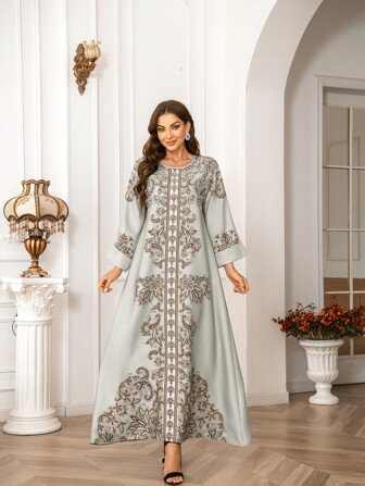 1 st. rundhalsad långklänning för kvinnor, heltäckande tryck, tjockt och supermjukt 4-vägs stretchtyg, långa ärmar, strassutsmyckning, elegant jalabiya, blygsam arabisk klänning, kaftan