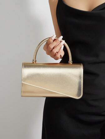 Women's Fashionable Solid Color Clutch, With Metallic Decor, Flap Closure, Formal/Party Pu Clutch, Chain Strap Handbag For Evening Party, Prom Or Ball