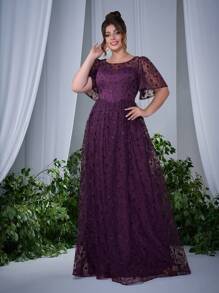 Plus Size Floral Embroidered Lace Sheer Midi Dress With Flared Hem, High-End Evening Gown, Elegant Bridesmaid Dress - Purple - View 1