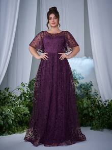 Plus Size Floral Embroidered Lace Sheer Midi Dress With Flared Hem, High-End Evening Gown, Elegant Bridesmaid Dress - Purple - View 3