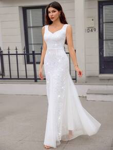 MIUSOL 甜心领口撞色亮片蕾丝网纱鱼尾正式礼服，白色优雅新娘婚纱 - 白色 - 查看 4