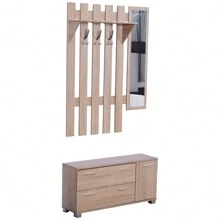 HOMCOM 3 EN 1 Conjunto de Muebles de Entrada Recibidor Pasillo Set de 3 Piezas Perchero Espejo Zapatero 2 Cajones Color Roble - Marrón - Ver 9
