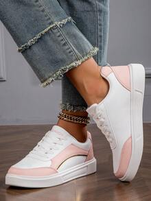 女士休闲创新白色运动鞋，时尚透气轻便柔软舒适户外/室内穿鞋 - 白粉紅色 - 查看 5