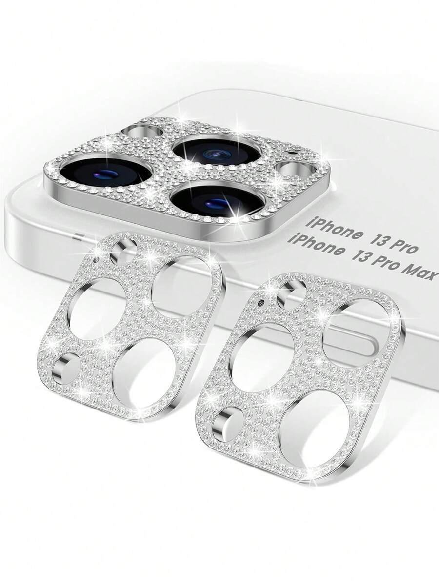 2pcs Shiny Camera Lens Protector, Compatible With IPhone 13 Pro Max And 13 Pro, Shiny Diamond Metal Lens Protective Case Accessory Compatible With IPhone 13 Pro / 13 Pro Max - Silver - View 1