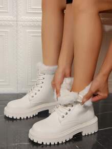 Giày bốt cổ cao ngoài trời ấm áp mùa đông có lót lông mịn màu trơn cho nữ, giày bốt đi tuyết ngoài trời giữ nhiệt - Màu be - Xem 8