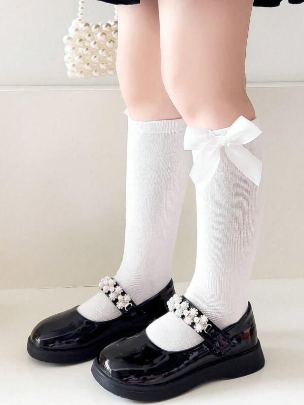 1 Pair Kids Bow Decor Long Stockings, Straight Cylinder Heelless Design, Front And Back Can Be Worn,Princess Style All Seasons