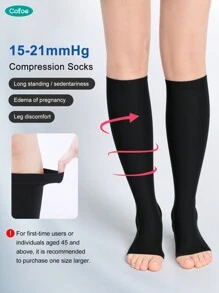 Cofoe 1 双黑色小腿压力袜 15-21mmHg 膝盖抗疲劳压力袜露趾腿袜消除水肿袜 男女通用 - 黑色 - 查看 1
