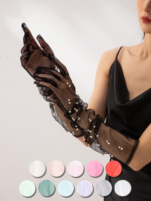 INNNEVV 1 Pair Women Elegant Faux Pearl & Mesh Formal Party Long Gloves