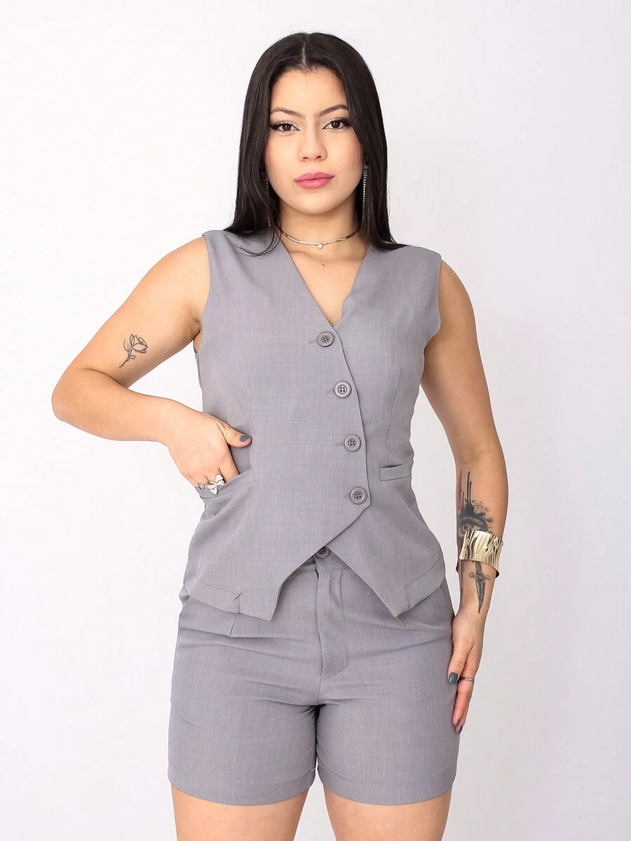 Women's Vest And Shorts Set In Luís Twill Fabric - Xám - Xem 1