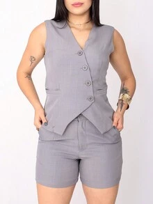 Women's Vest And Shorts Set In Luís Twill Fabric - Xám - Xem 2