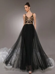 Modphy 2024 Autumn Women's Gold Sparkle Diamond Mesh Pleated Sexy V-Neck Long Dress Women's Wedding Bridesmaid Dress Party Formal Evening Dress, Black Prom Dress, For Wedding Guest, Graduation, Dinner - Black - View 1