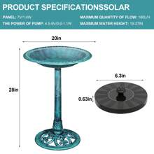 VECELO 28" Pedestal Outdoor Bird Bath With Solar Powered Fountain For Outside, Vintage Bronze Polyresin Lightweight, Antique, Yard/Garden Decoration, Green