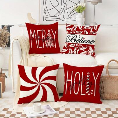 4pcs Merry Tree Decorative Throw Pillow Cover, 18*18Inch Set Of 4 Xmas Red Candy Canes Pillowcases, Winter Holiday Holly Jolly Gifts Cushion Cases, For Couch Sofa Living Room Outdoor Home Decorations, Without Pillow Inserts Christmas  Christmas Decor  Christmas Decorations Christmas Decoration Room Decor