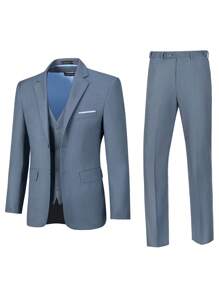 Furuyal 男士西装，绅士简约修身单排扣商务三件套，男士西装外套、马甲和西裤套装，适合婚礼、派对、舞会等场合，尽显绅士风范，牛仔蓝配色，尺码 XS-XXXL