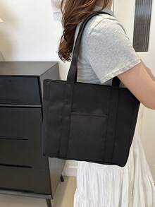 便携式女士纯色秋季配套手提包，适合大学、商务、工作、通勤、高中，非常适合办公室、小学、初中、高中、工作、体育场、运动、大容量单肩包 - 黑色 - 查看 4
