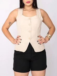 Women's Tailored Vest With Wide Straps, Square Collar, Open Detail At The Front - màu be nhạt - Xem 3