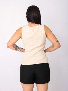 Women's Tailored Vest With Wide Straps, Square Collar, Open Detail At The Front - màu be nhạt - Xem 6
