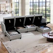 U-Shape Light Gray Sectional With Reversible Chaise Lounge, Storage Seat 6-Seater Sectional, Convertible - Grey - View 5