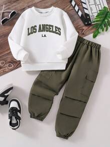 Young Boys Print Warm Crew Neck Sweatshirt & Cargo Pants Set