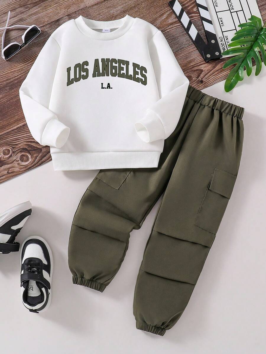 Young Boys Print Warm Crew Neck Sweatshirt & Cargo Pants Set