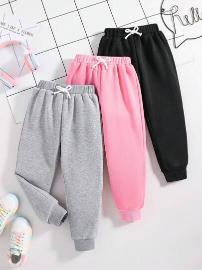 年轻女孩 3 件套纯色印花保暖运动裤