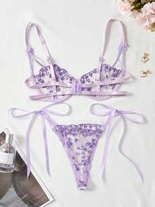 Women Sexy Lingerie Set, Purple Heart Embroidered Sheer 2pcs Bra & Panty Set For Bedroom, Date Night, Valentine's Day, Rave