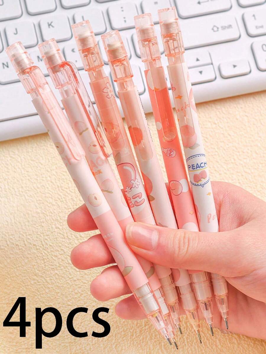 4入組卡通圖案自動鉛筆,簡約風紫色塑膠寫作鉛筆辦公,學校 - 粉色 - 查看 1