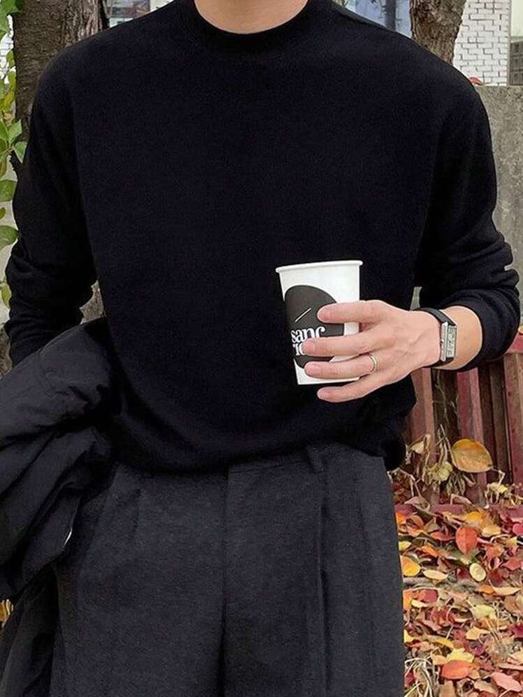 Men's Solid Color Casual Sweater For Autumn, Old Money Style, Long Sleeve Top - Black - View 1