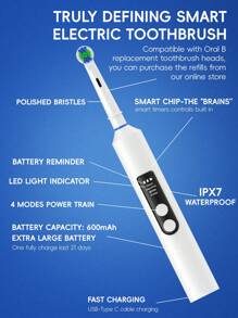 Smart Electric Toothbrush, 4 Cleaning Modes USB Charging Rechargeable Electric Powered Toothbrushes - 2 Minute Timer, LED Indicator, Travel Case & 2 Brush Heads, Compatible With OralB Electric Toothbrush Heads - Multicolor - View 4