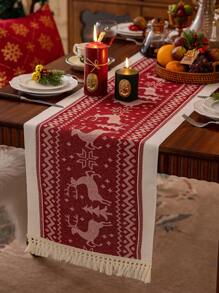 1 szt. Czerwony bieżnik na stół z motywem świątecznym/1 zestaw czerwonych bieżników na stół + zestaw podkładek, wzór pudełka na prezent w renifery, długi pokrowiec na stół, odpowiedni do stołu jadalnego, stolika kawowego, stolika do herbaty, dekoracji komody - Czerwony - Zobacz 14