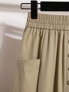 Women's Elastic Waist A-Line Skirt, With Button Decor - Khaki - View 3