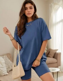 Women's 2-Piece Fashion Two-Piece Casual Pajamas Suit Oversized Shirt Motorcycle Shorts Pajamas Suit - Màu xanh lam - Xem 1
