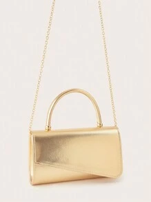 Women's Fashion Solid Color Clutch Bag, Decorated With Metal Accents, Flap Design, PU Material, Chain Shoulder Strap, Suitable For Formal Occasions/Parties Such As Galas, Balls Or Formal Events. - Gold - View 4