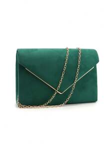 Green Women's Envelope Design Evening Bag, Party/Wedding Clutch With Chain Strap, Velvet Fashion Wallet - Green - View 8