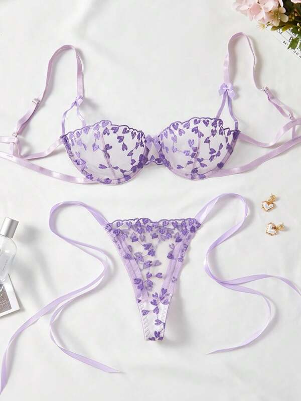 Women Sexy Lingerie Set, Purple Heart Embroidered Sheer 2pcs Bra & Panty Set For Bedroom, Date Night, Valentine's Day, Rave
