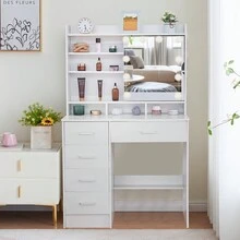 Dressing Table With LED Lights Mirror 6 Shelves And 5 Drawers Vanity Makeup Desk - White - View 1